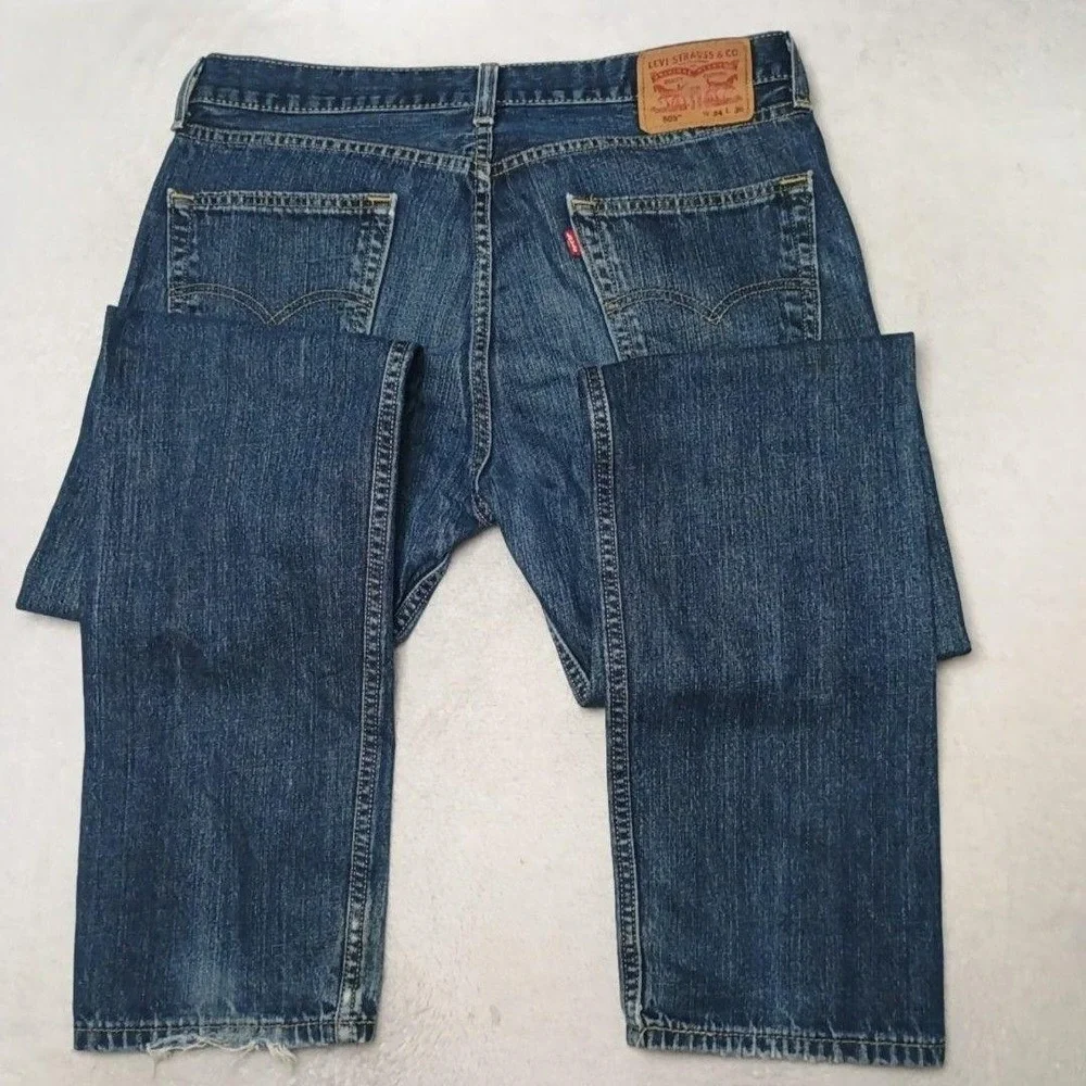 Levis 505 Jeans Mens 34x36 Blue Straight Medium Wash Denim 5-Pocket Distressed